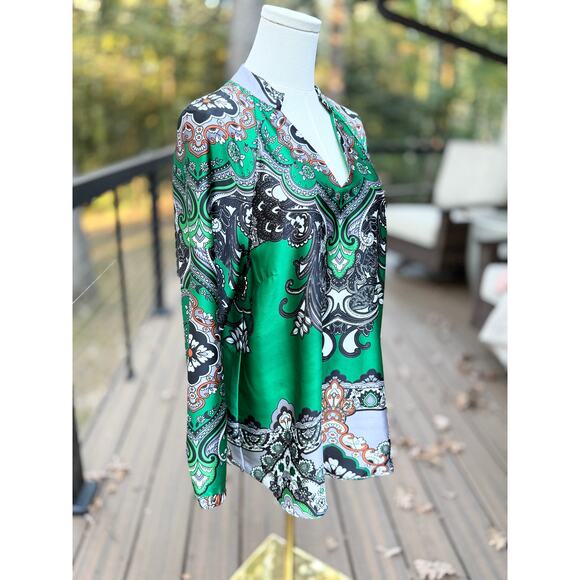 Chico's Women's Paisley Print Tunic Silk Blouse Emerald Green Size M Long Sleeve - Picture 4 of 9